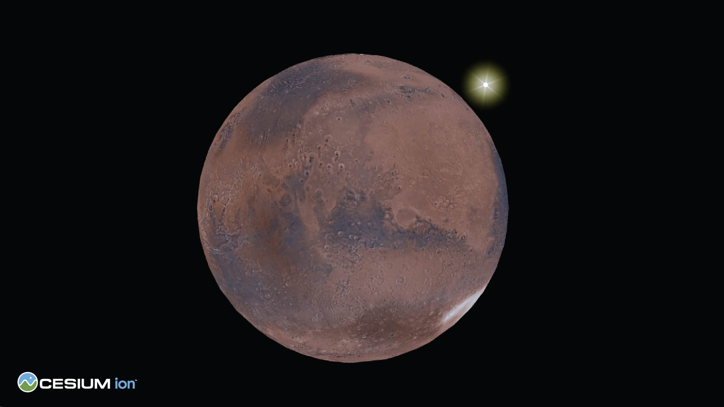 A digital rendering of Cesium Mars with detailed surface features, set against a black background. A bright star shines near the planet's top right edge, and the Cesium ion logo appears in the bottom left corner.