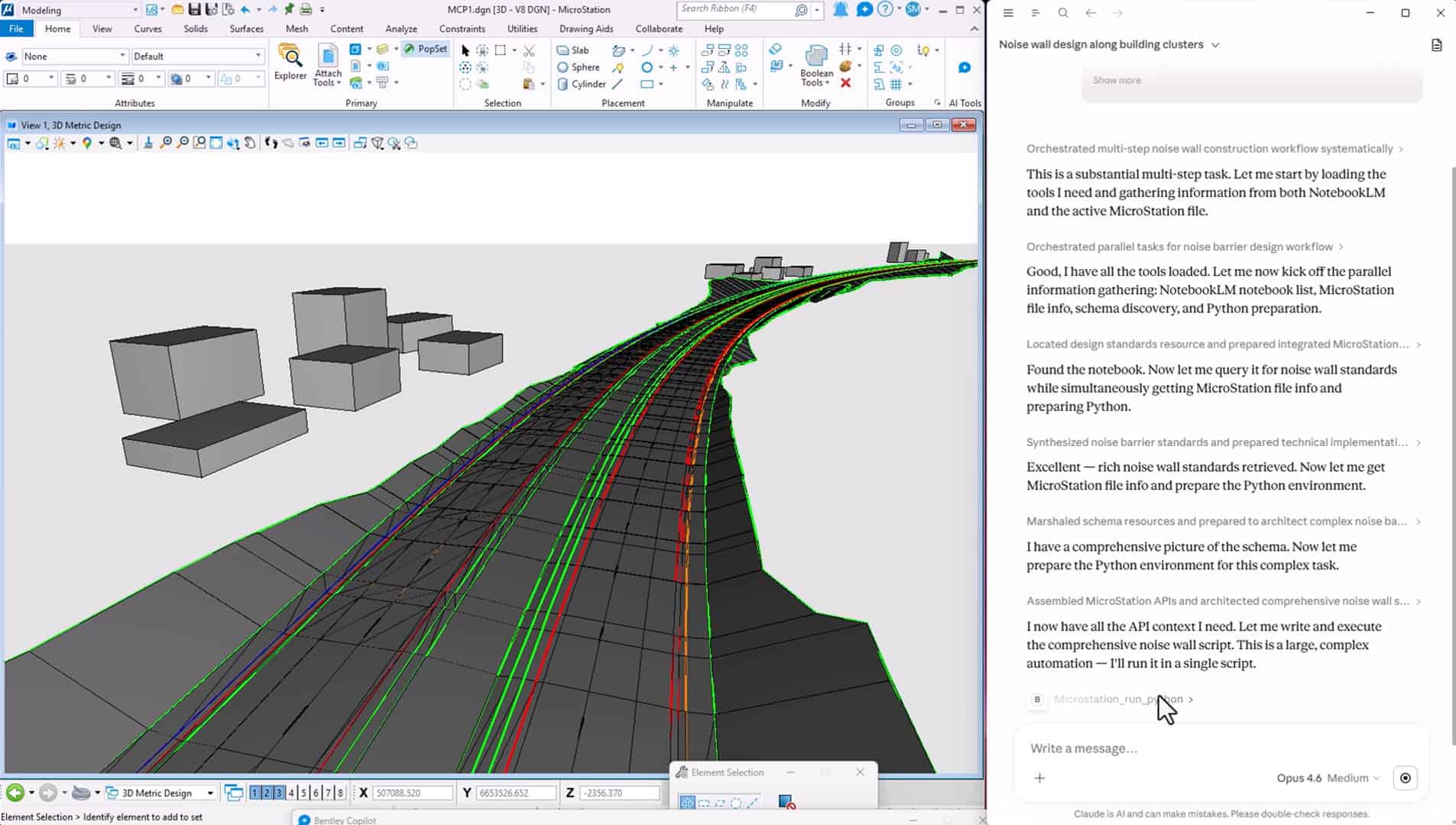 3D road design model with color-coded lanes is displayed in CAD software; a chat window discussing workflow is open on the right side of the screen.