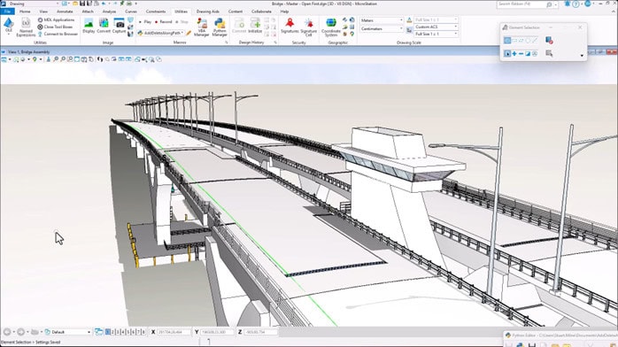 3D CAD model of a bridge with streetlights, guardrails, and a control tower displayed on the MicroStation 2025 engineering design software, streamlining CAD workflows for efficient project visualization.