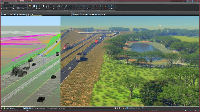 MicroStation software image displaying the split screen rendering of a road interchange.