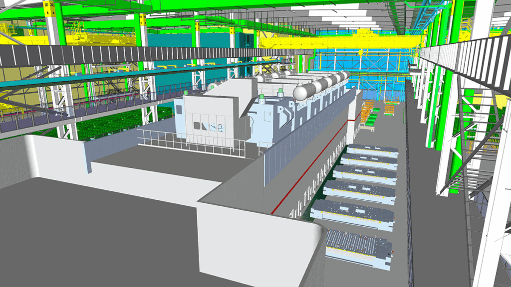 3D rendering of an industrial facility interior showing machinery, overhead structures, and platforms in a brightly colored schematic design.