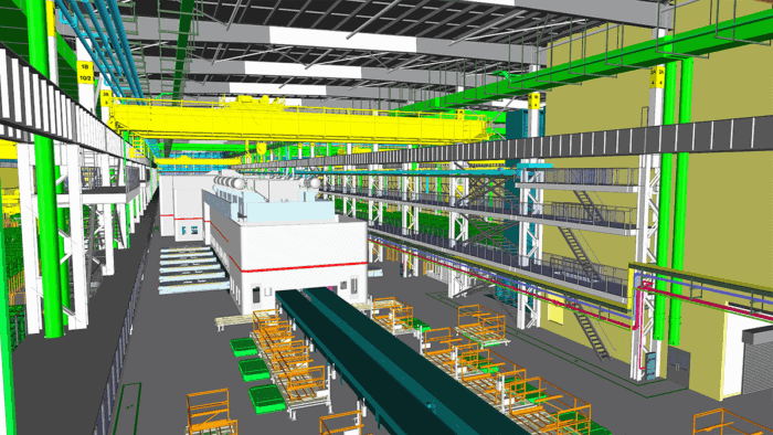 Digital rendering of an industrial factory interior with conveyor belts, large machinery, overhead cranes, and structural support beams.