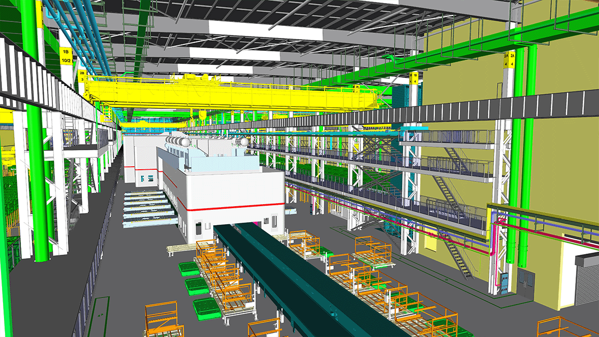 Digital rendering of an industrial factory interior with conveyor belts, large machinery, overhead cranes, and structural support beams.