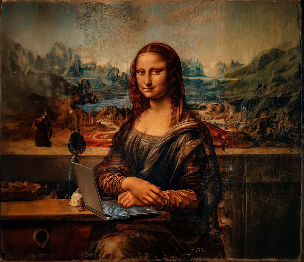 A digital rendition of the Mona Lisa shows her sitting at a desk with a laptop, blending classical art with modern technology.