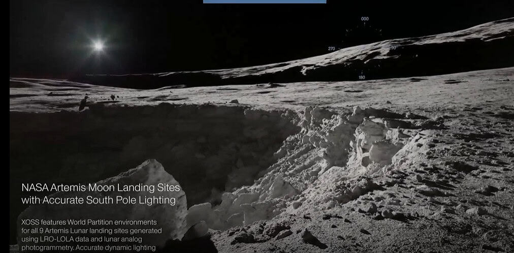A lunar landscape with a large crater under bright sunlight at the Moon's south pole, with labeled landing sites for the NASA Artemis mission visible in the background.