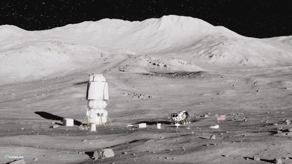 Two spacecraft and an American flag are positioned on a rocky, mountainous lunar surface under a black sky.
