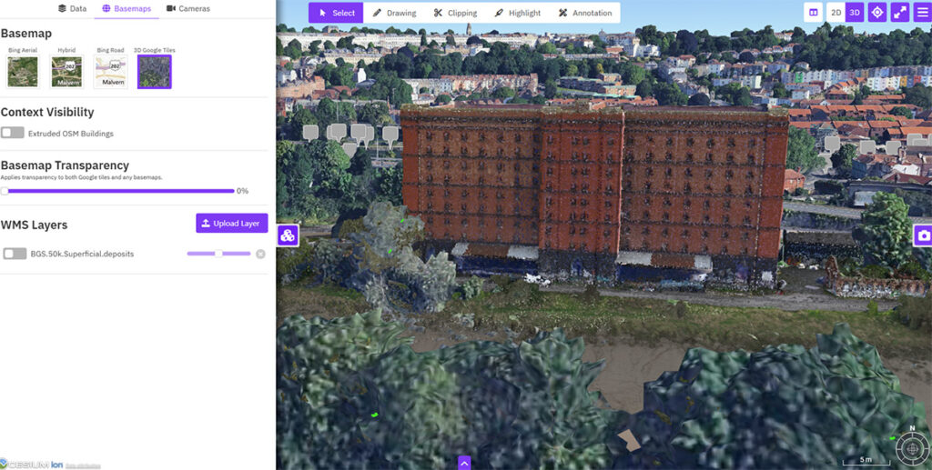 A 3D mapping software interface displays a partially transparent building model over an aerial basemap, digitally future-proofs harbor infrastructure, with layer and visibility options visible on the left panel.