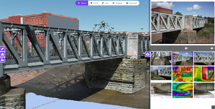 A digital 3D model of a steel truss bridge over a waterway is shown, illustrating how Bristol City Council digitally future-proofs harbor infrastructure; reference photos and editing tools are visible on the screen.