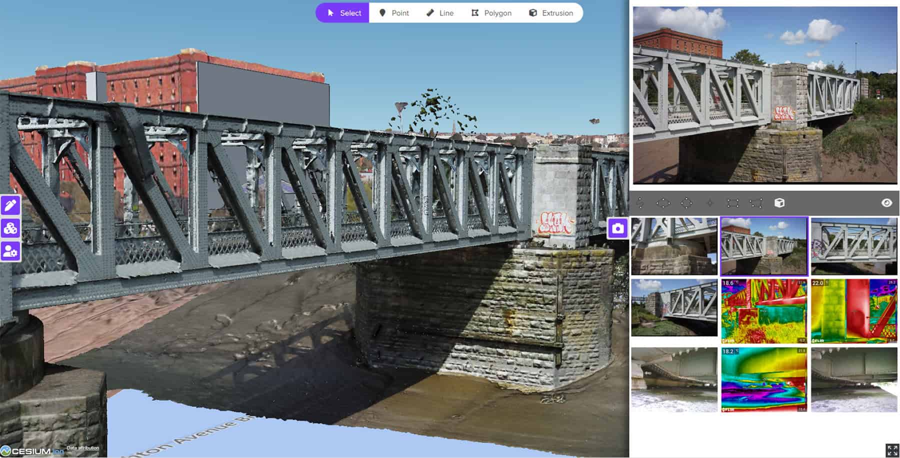 A digital 3D model of a steel truss bridge over a waterway is shown, illustrating how Bristol City Council digitally future-proofs harbor infrastructure; reference photos and editing tools are visible on the screen.
