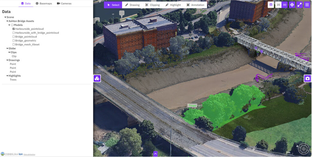 A digital map interface shows a 3D aerial view of a riverside area with buildings, roads, harbor infrastructure, a bridge, and highlighted data points with green overlays. A data menu is visible on the left as Bristol City Council digitally future-proofs the city.