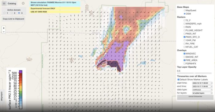 A wildfire simulation describing the spread of PM 2.5 aerosols during a controlled burn.