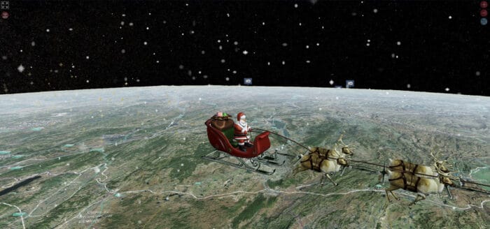 Illustration of Santa Claus in a sleigh pulled by reindeer, flying above a detailed map of Earth with a starry night sky.