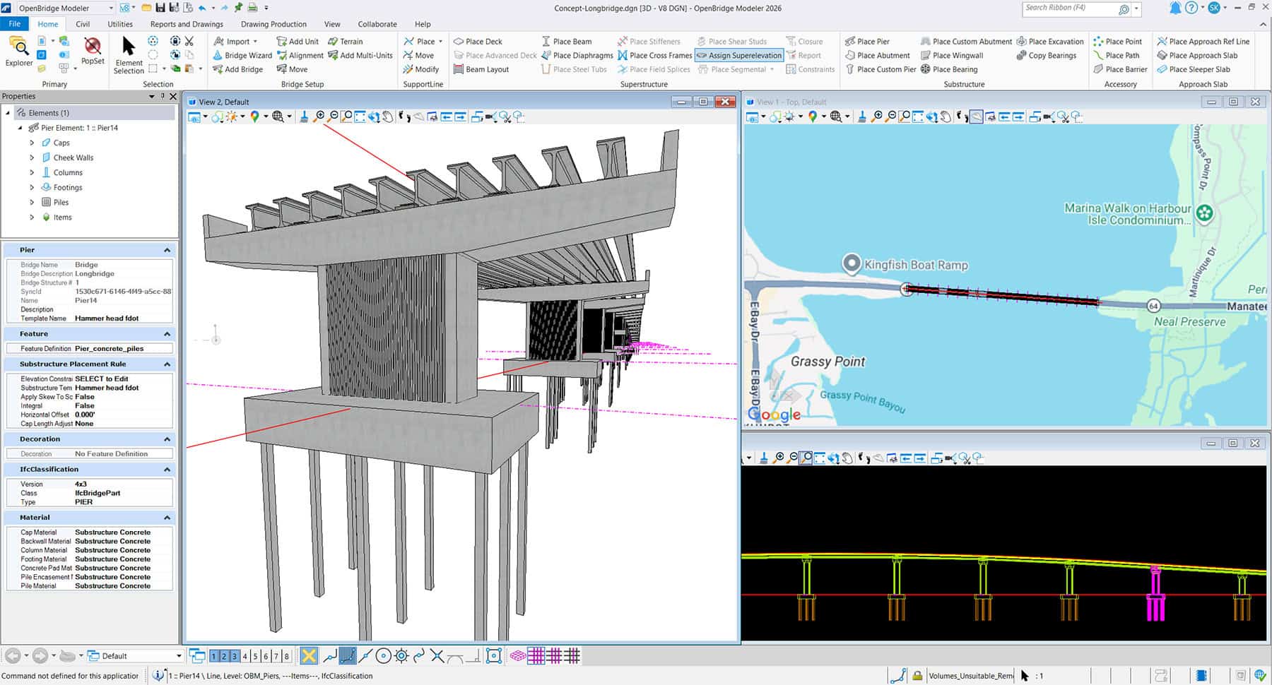3D bridge model with concrete piers shown in design software, showing cross-bracing and magenta construction lines in a CAD workspace.