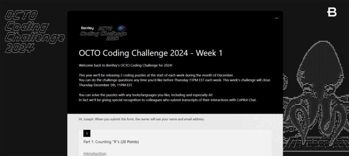 Screenshot of the OCTO Coding Challenge 2024 Week 1 webpage. It includes welcome text, rules, and a coding task titled "Part I: Counting 'Y's (20 Points).