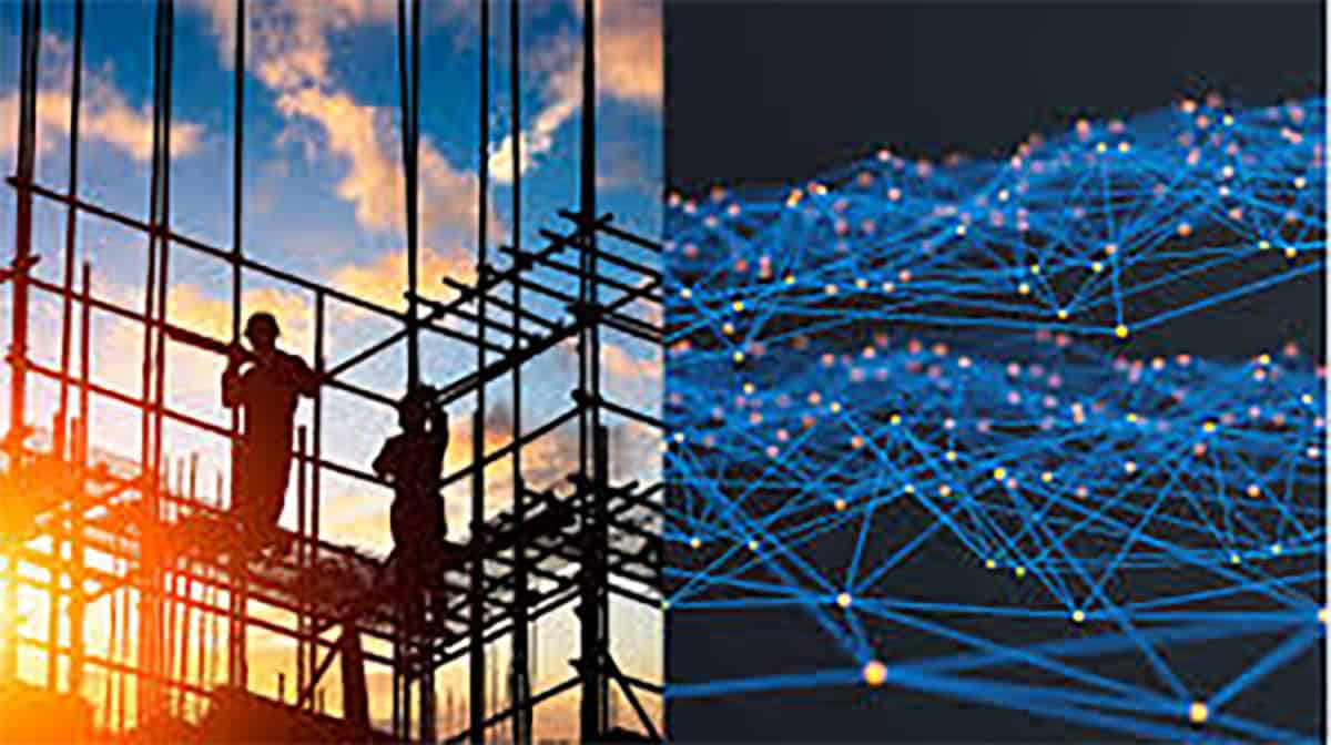 Two construction workers stand on scaffolding at sunset, juxtaposed with an abstract digital network of blue nodes and lines, symbolizing seamless data integration on a dark background.