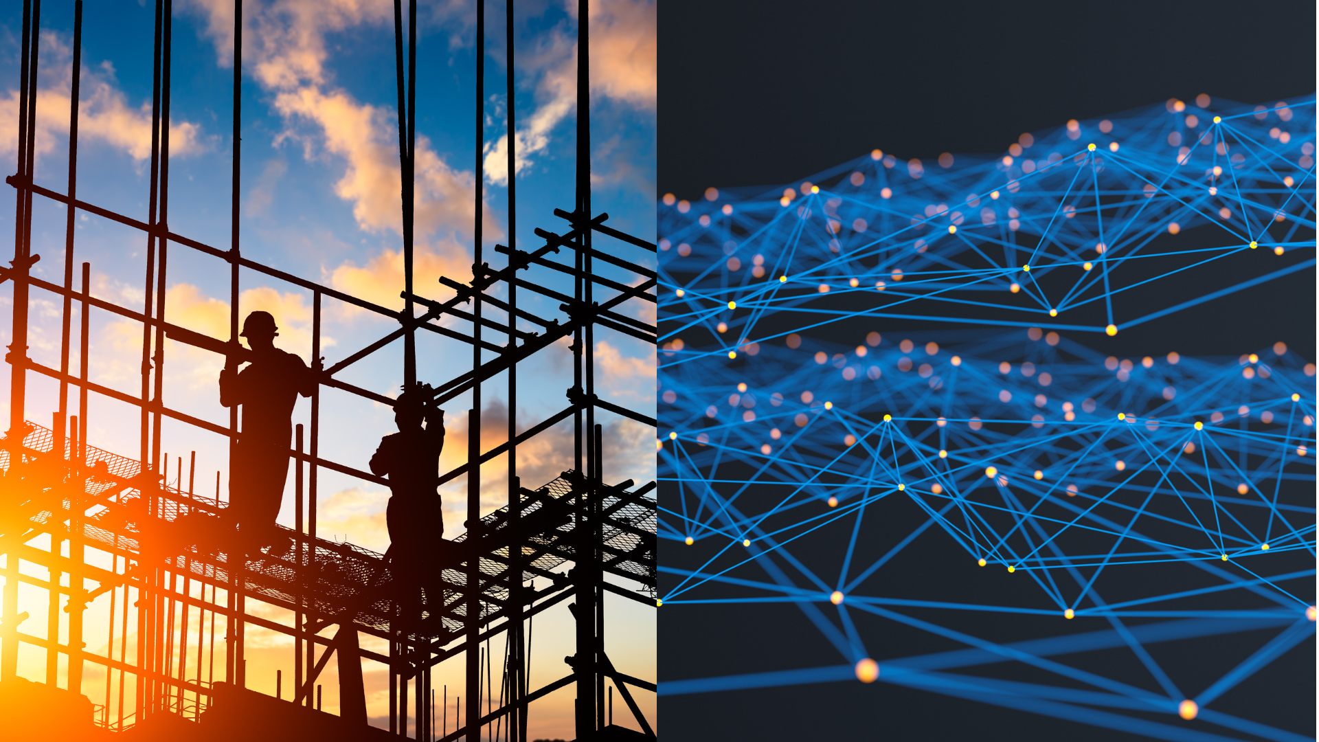 Two construction workers stand on scaffolding at sunset, juxtaposed with an abstract digital network of blue nodes and lines, symbolizing seamless data integration on a dark background.