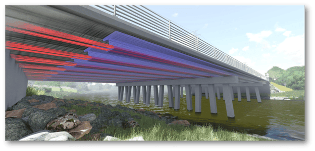 A streamlined bridge design with a reinforced structure is shown from below, displaying beams colored red and purple running alongside its length, above a body of water with grassy banks and rocks.