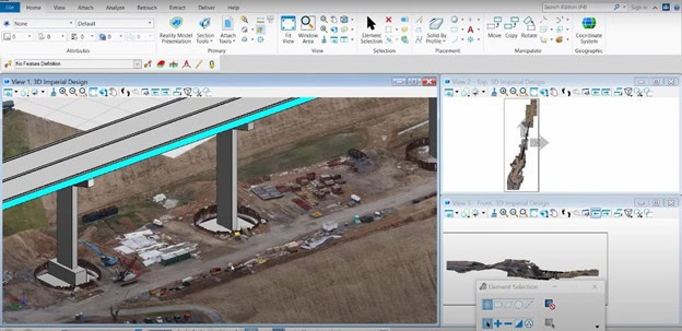 The screenshot showcases OpenBridge Designer, a 3D bridge design software, with various toolbars and detailed views of a bridge model on a construction site.