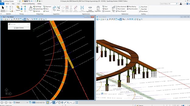 Screenshot of OpenBridge Designer software interface showing a 3D model of a curved bridge. The left panel displays a plan view, while the right panel shows an isometric view with structural details, ideal for comprehensive bridge analysis.