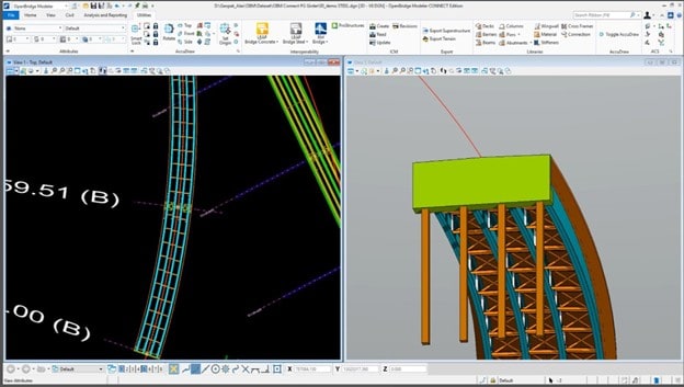 Explore the Engineering software interface with OpenBridge Designer, showcasing a detailed structural analysis on a bridge design. Left: wireframe detail, Right: 3D model complete with support structures for comprehensive bridge analysis.