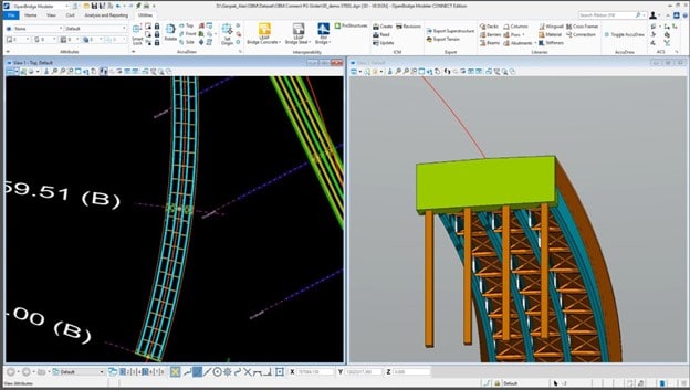 Screenshot of OpenBridge Designer interface showcasing engineering schematics on the left and a 3D model of a structural framework on the right, facilitating comprehensive bridge analysis and design.