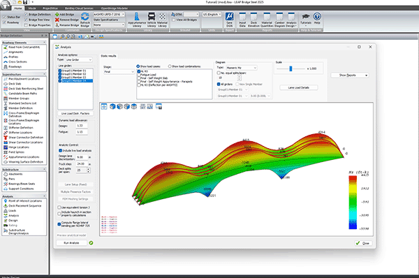 A computer screen displays OpenBridge Designer 2025 engineering software with a 3D color gradient analysis graph and various control panels and settings for bridge analysis and structural design.