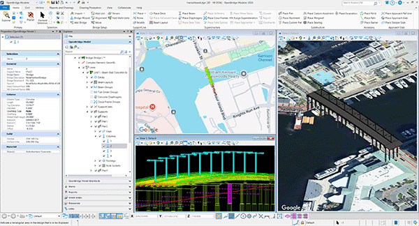 A computer screen displays mapping software with a city map, a 3D bridge model, and data visualizations
