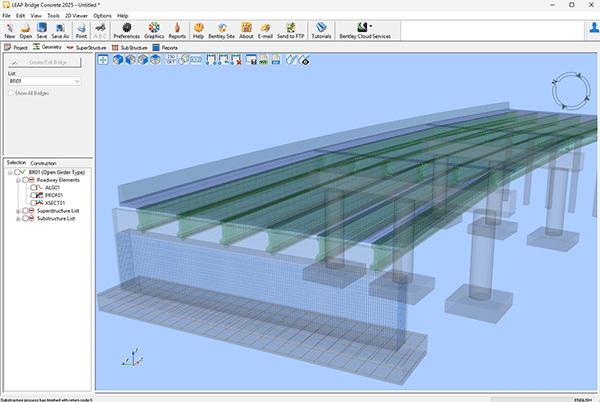 3D model of a bridge structure displayed in engineering software, highlighting girders, supports, and foundational elements in a transparent view