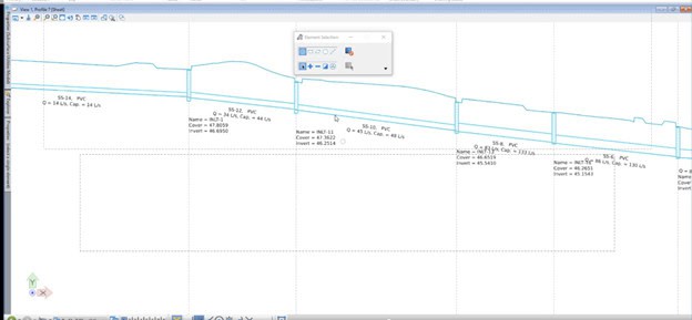 A computer screen displays a CAD design with technical line drawings and annotations, seamlessly integrating OpenFlows CivilStorm for precise hydraulic analysis. A small tool selection box is visible in the upper center of the image.