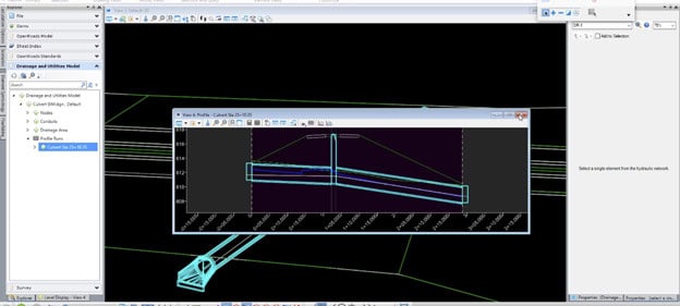 A computer screen showcases a technical diagram featuring blue lines, likely from engineering software like OpenFlows CivilStorm. The sidebar lists folders on the left, while the main window focuses on a detailed structural graph, possibly illustrating hydraulic analysis techniques.