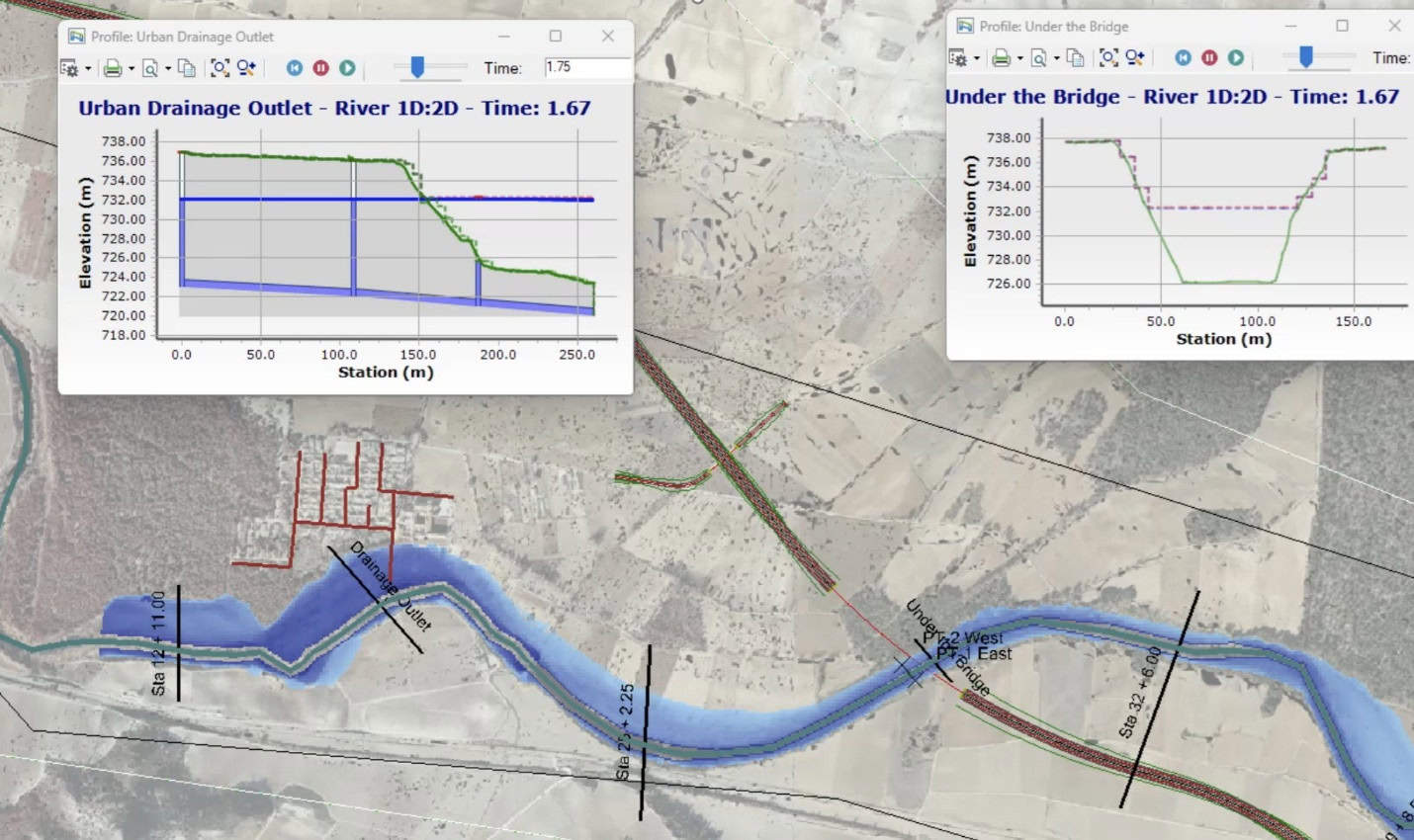 Map with a highlighted river section. Two graph pop-ups show water profile data from CivilStorm. Urban drainage features include channels and outlets. Terrain details and coordinates are visible in the background, complemented by hydraulic analysis for precise insights.