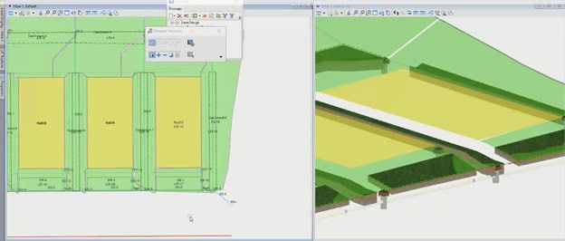 Split-screen image of a 3D modeling software illustrating landscape design. The left side features a top view with measurements, while the right side reveals a perspective view with pathways, incorporating elements of road design for enhanced realism.