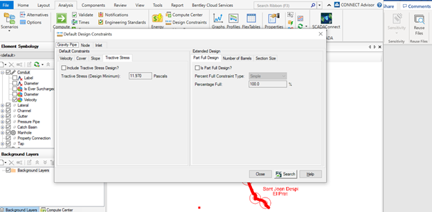 An image of software interface displaying the "Default Design Constraints" dialog box with settings for "Trackline Stresses" and design limits, potentially useful in water network modeling. The background shows a partially visible map or diagram.