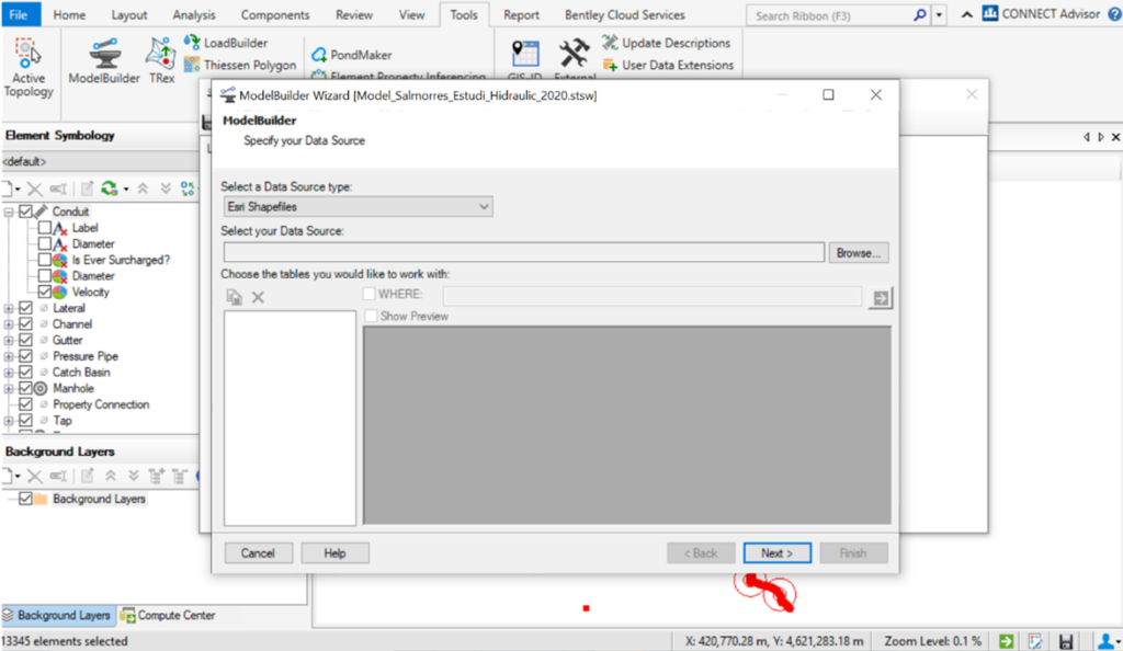 Screenshot of an OpenRoads Designer software interface displaying a dialog box titled "ModelBuilder Wizard: Select a Data Source." Options to select file types and tables are visible, highlighting the tools available for efficient water network modeling in the process.