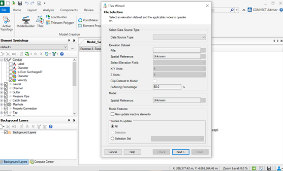 A screenshot of the "Elevation" tab in the ArcGIS software showcases tools for selecting a data source type, elevation dataset, spatial reference, and model features—ideal for OpenFlows SewerGEMS users involved in water network modeling.