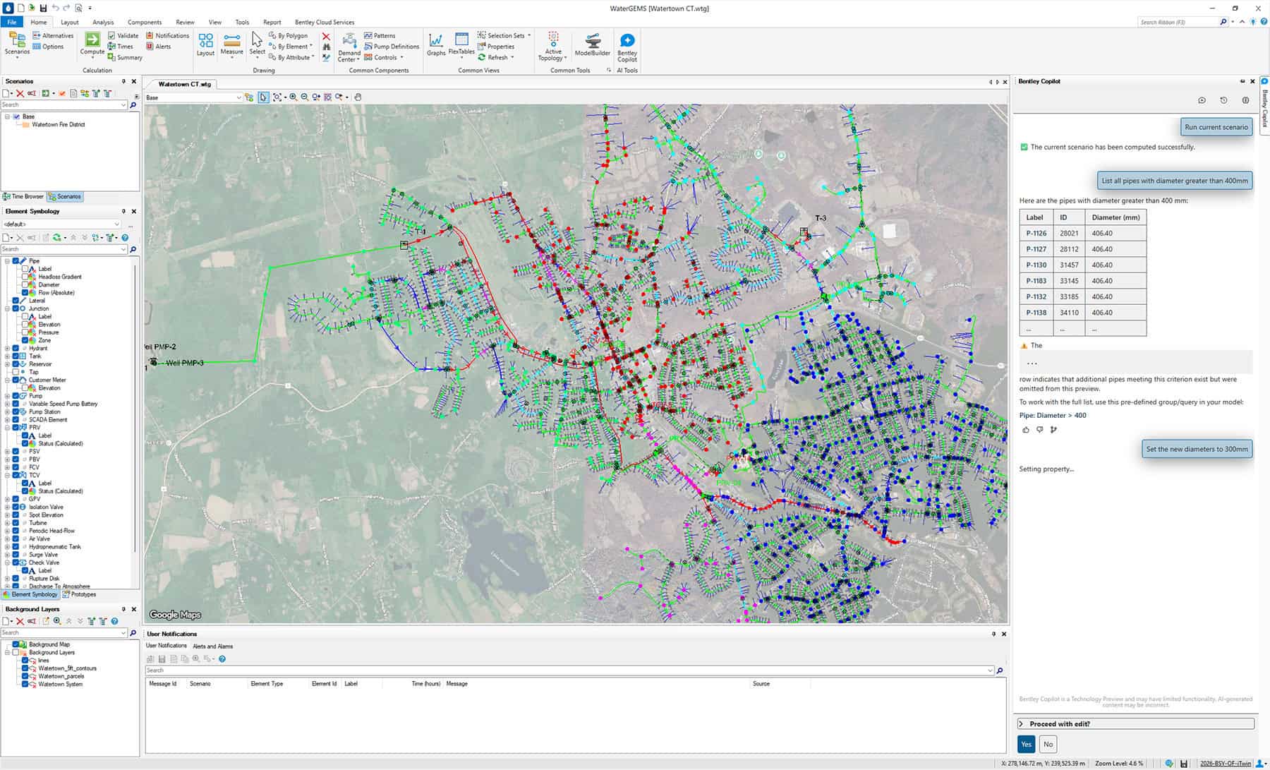 An OpenFlows 2026 GIS software interface displays a city map with colored lines and points representing various utility or infrastructure networks, alongside dynamic data panels and specialized tools.