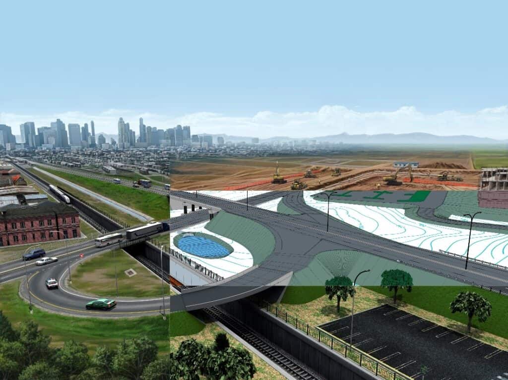 A split-image showcases a city landscape on the left and a construction site on the right, illustrating urban development with advanced civil infrastructure design, including a road bridge, railways, and various buildings in different stages.