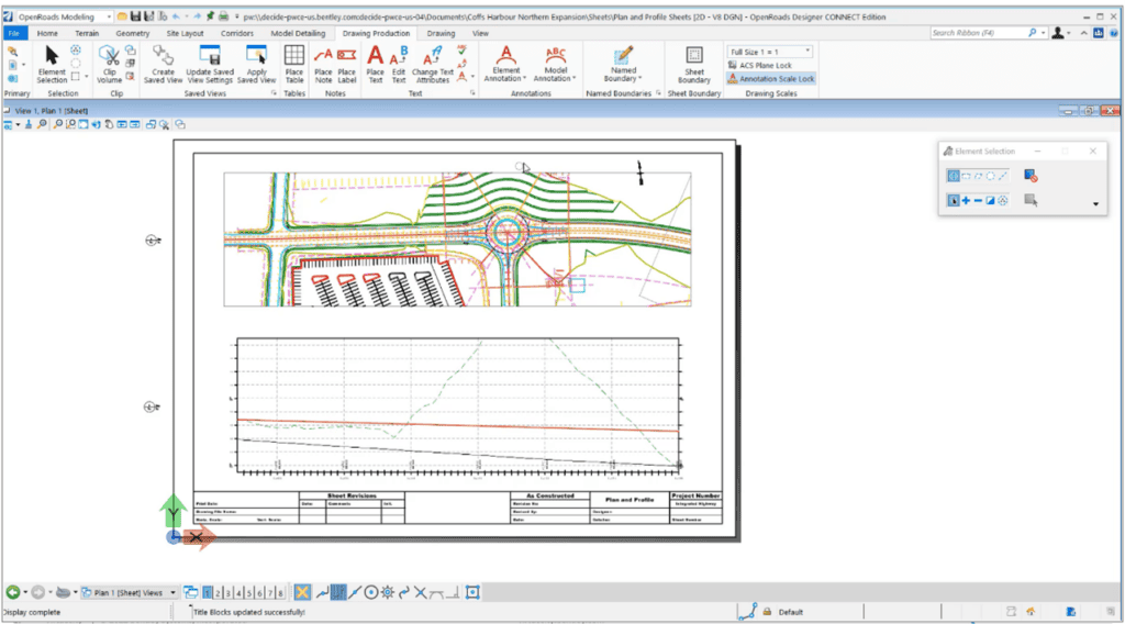 Screenshot of OpenRoads displaying a detailed site plan for a roundabout, featuring topographic lines, elevation profiles, and other advanced civil infrastructure design data.