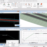 A computer screen displaying a software interface with multiple windows showing various 3D design renderings and data plots, tailored for Infrastructure Design projects, utilizing OpenRoads Designer to aid State and Local Authorities.