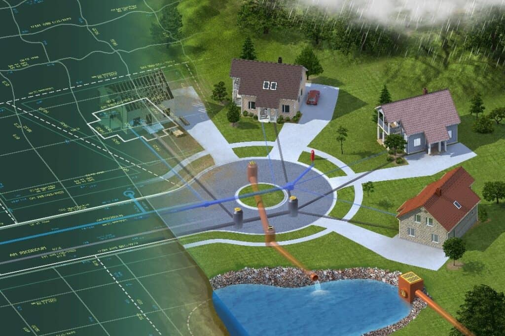 A screenshot of an advanced illustration shows a residential area with three houses connected by infrastructure lines, superimposed onto engineering schematics, highlighting systems for water, electricity, and drainage using OpenRoads Designer.