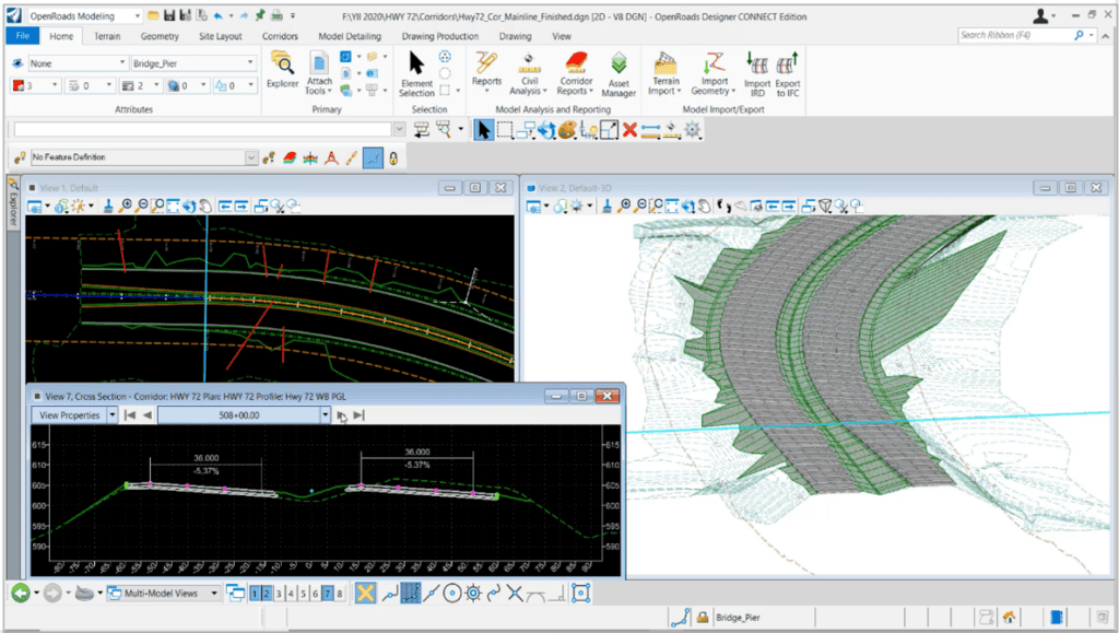 An image of a computer screen displaying a CAD software interface with 3D models, charts, and design tools. Various windows show technical diagrams and a 3D rendering of a complex structure, all powered by OpenRoads Designer for advanced civil infrastructure design.