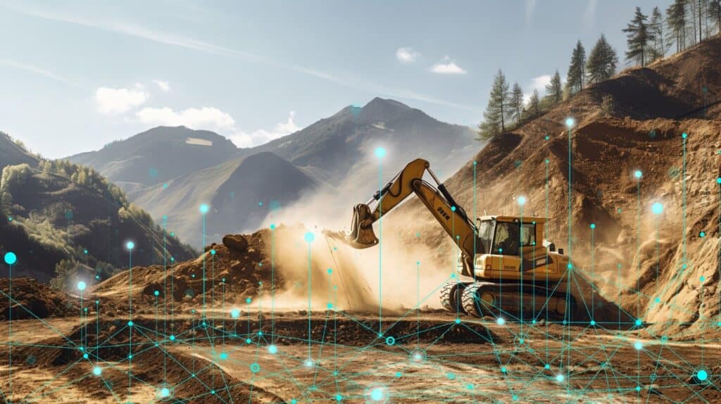 An image of a yellow excavator operates on a construction site in a mountainous area, with an advanced design digital network overlay representing technology integration.