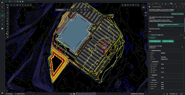 A computer screen displays a digital map with colored contour lines and building outlines, using Bentley OpenSite+ for site design. A side panel shows property information and VHB's analysis options.