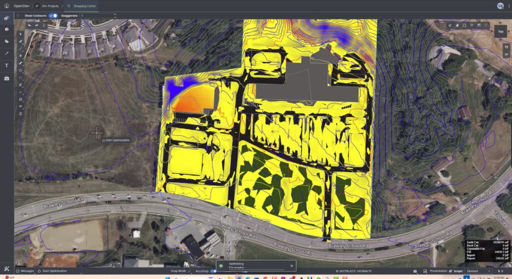 A satellite map shows a building complex with overlaid yellow contour data and black outlines, including surrounding roads and landscape features—ideal for gaining insights for engineers ahead of the 2025 Bentley Civil User Conference.