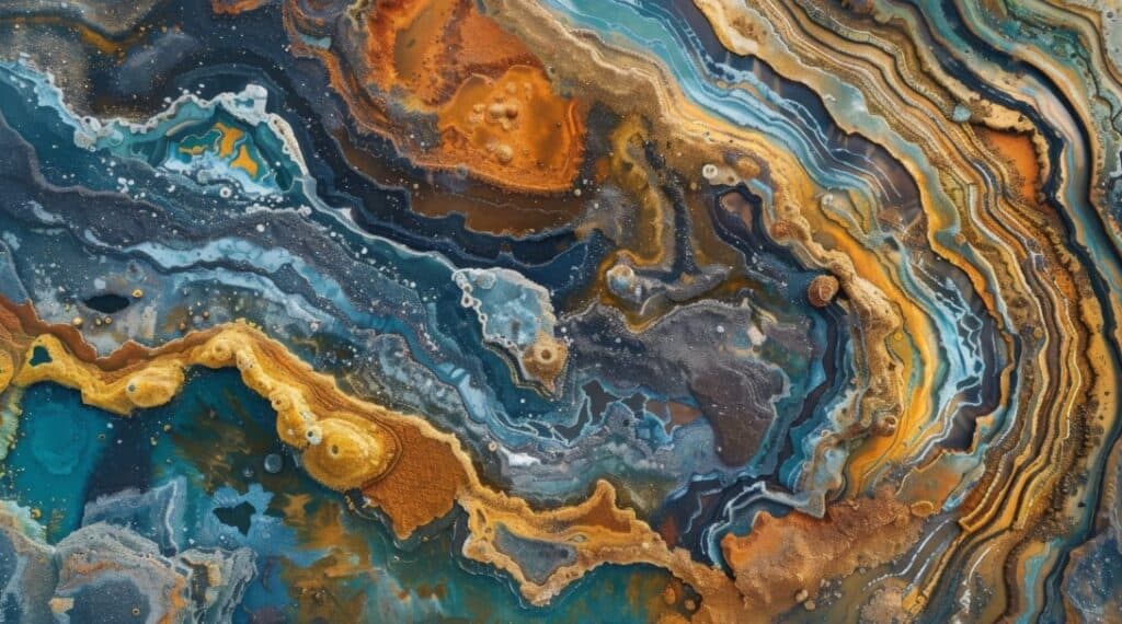 Abstract image depicting swirling layers of vibrant colors including blue, orange, yellow, and brown, resembling geological formations—an inspiring blend fitting for innovative infrastructure design.