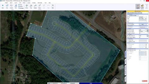 A computer screen displays aerial map planning for a housing development, showcasing outlined parcels and roadways. Utilizing OpenSite Designer, the user interface includes various toolbars, map controls, and data input fields on the right, unlocking the power of efficient infrastructure design.