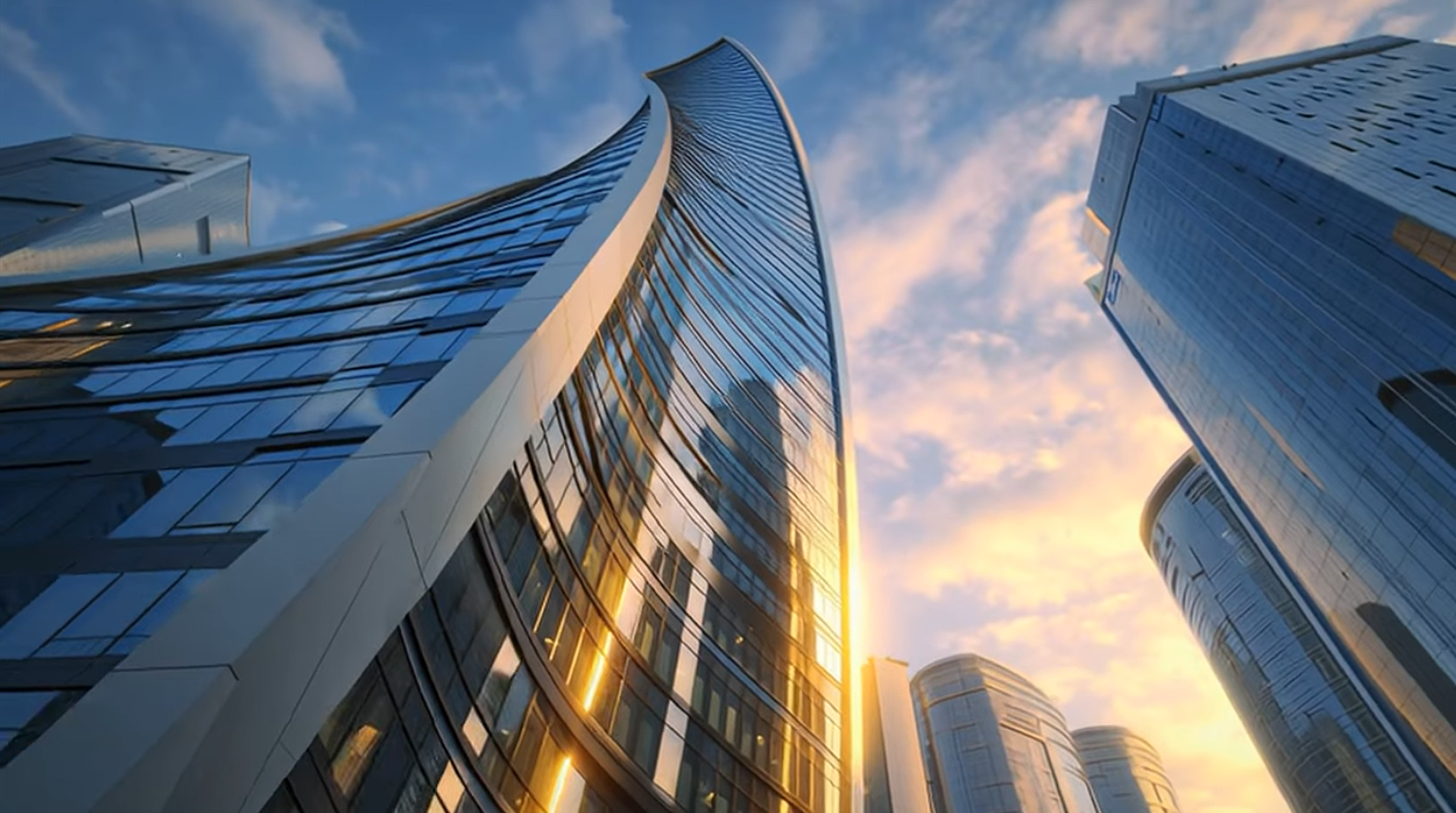 Curved glass skyscrapers reflect a colorful sunset sky, with more modern high-rise buildings visible in the background.