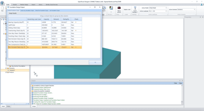 Screenshot of A foundation design check being shown after a scenario analysis was performed using OpenTower Designer