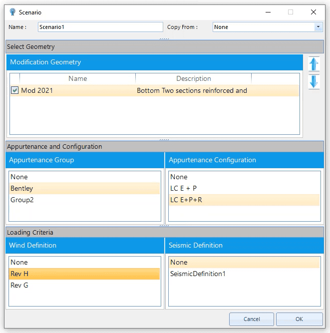 Screenshot of OpenTower Design showing scenario analysis 