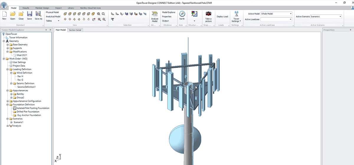 Screenshot of OpenTower Designer showing scenario analysis with monopole